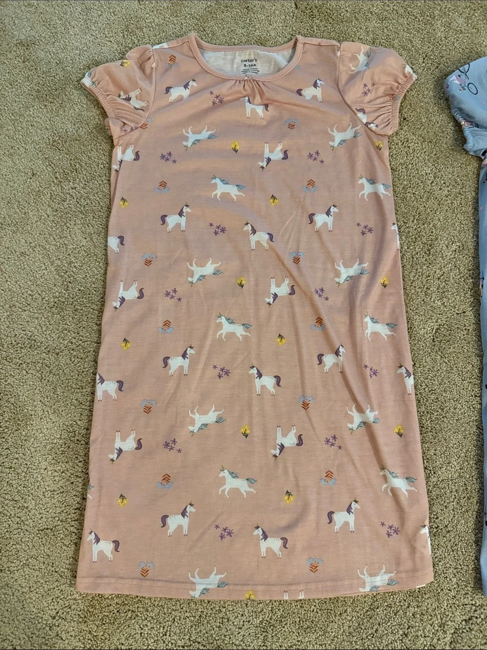 Carter's Pink Unicorn & Blue Playtime Short Sleeve Nightgowns. Size 8-10A.